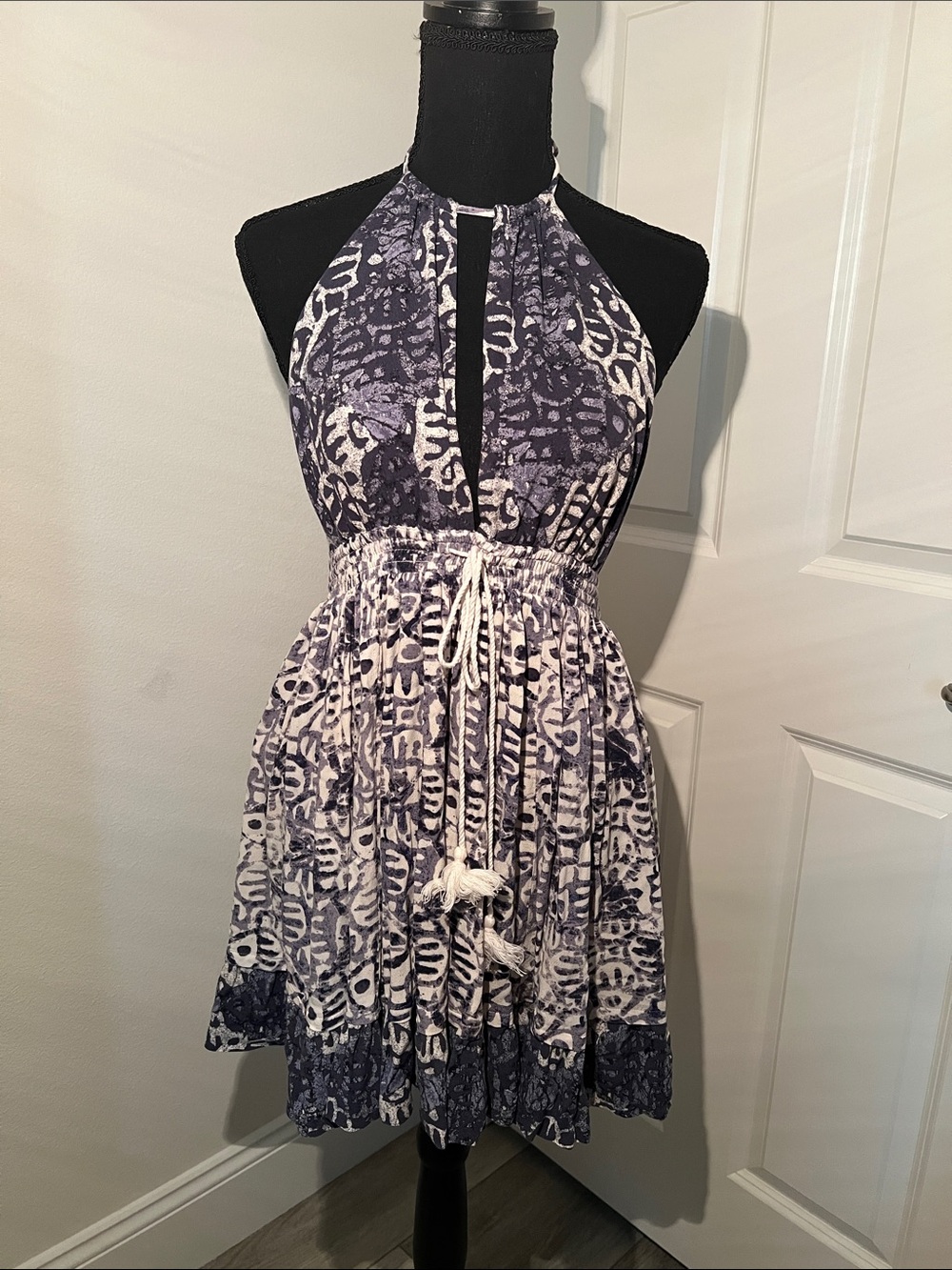 Free People Halter-Neck Printed Mini Dress in Navy and White